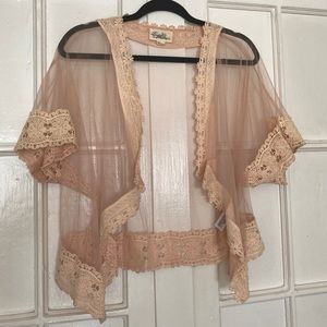 Peach mesh & lace trim sheer kimono coverup